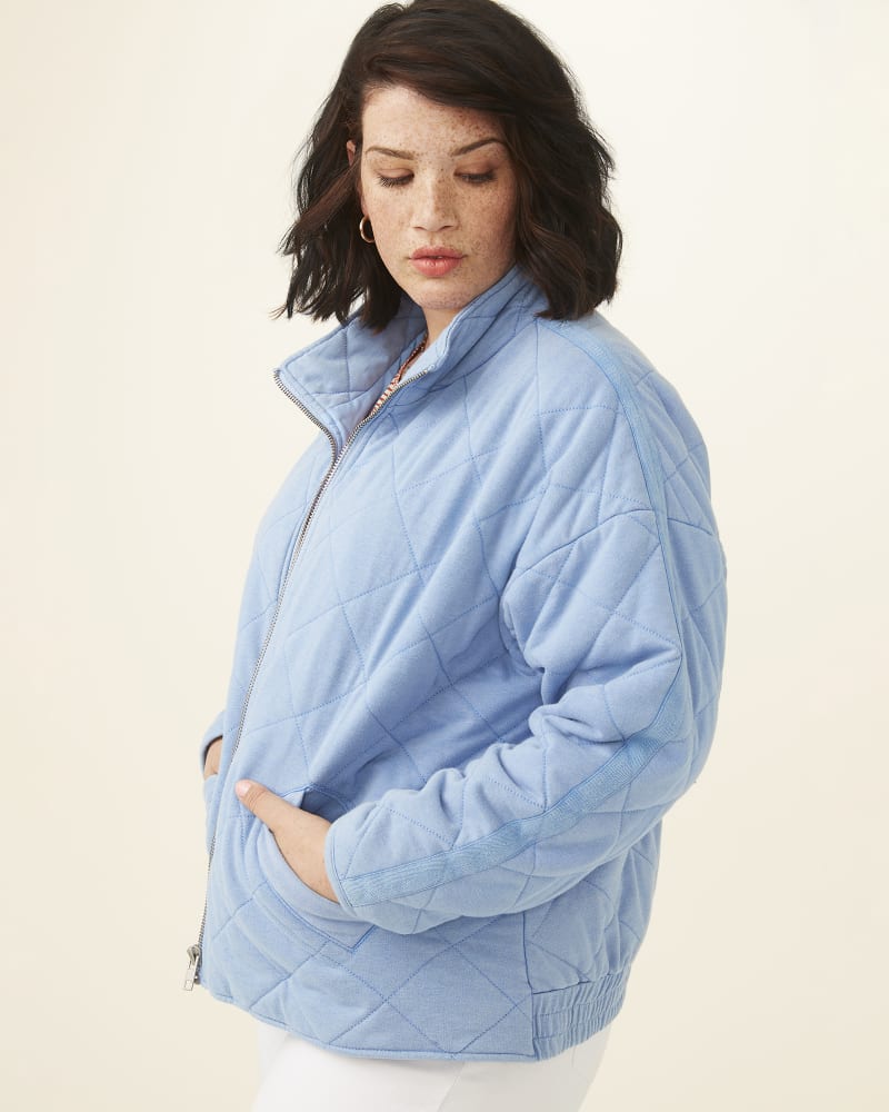 Front of 5'9" model wearing a plus size Gena Quilted French Terry in Light Blue by Bagatelle. | dia_product_style_image_id:273825